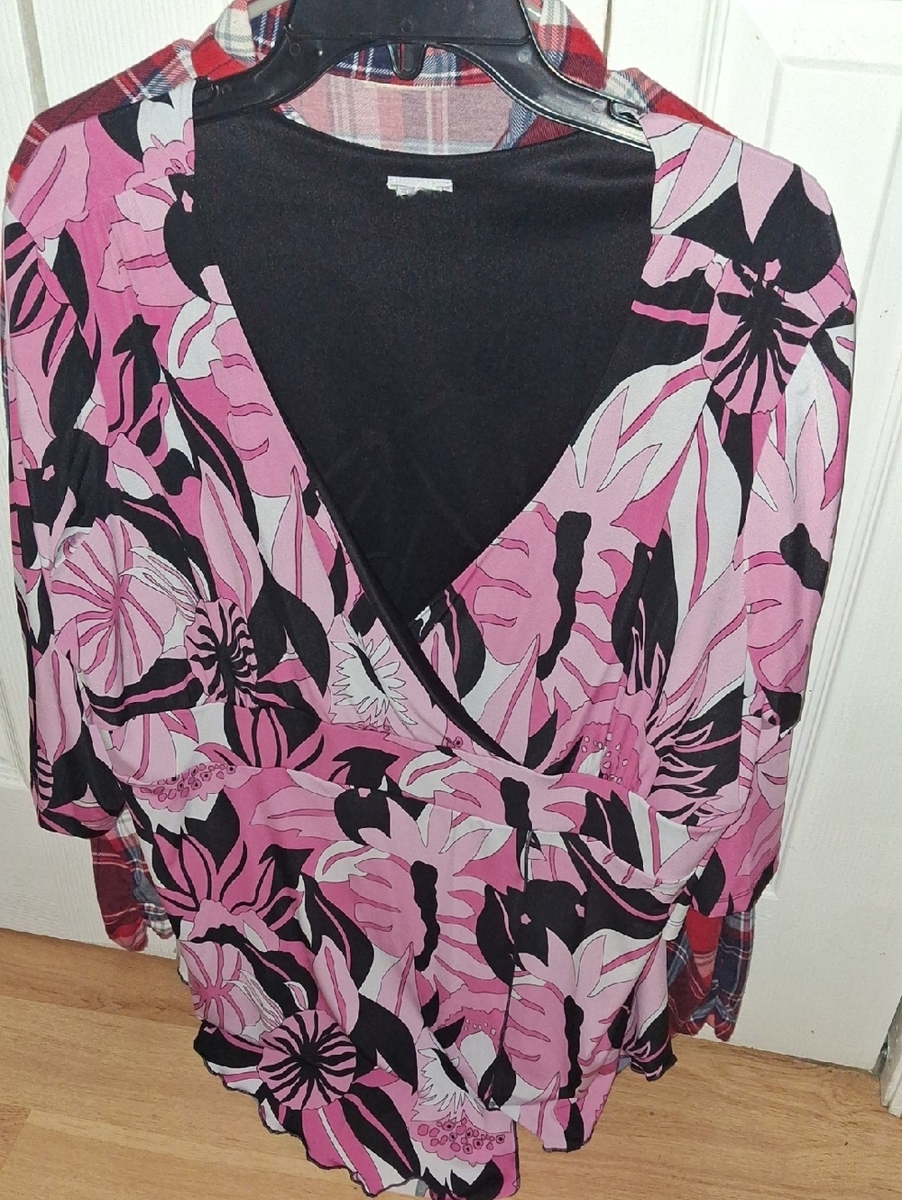 Lane Bryant Pink Black Floral Wrap-Style Blouse